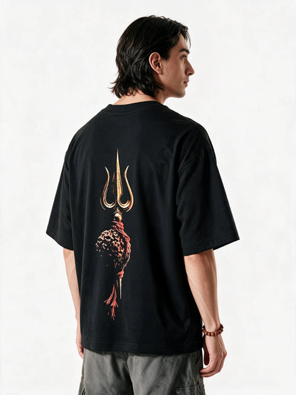 PRDGY Divine Trident Oversized T-shirt — back-print T-shirt at three-quarter angle