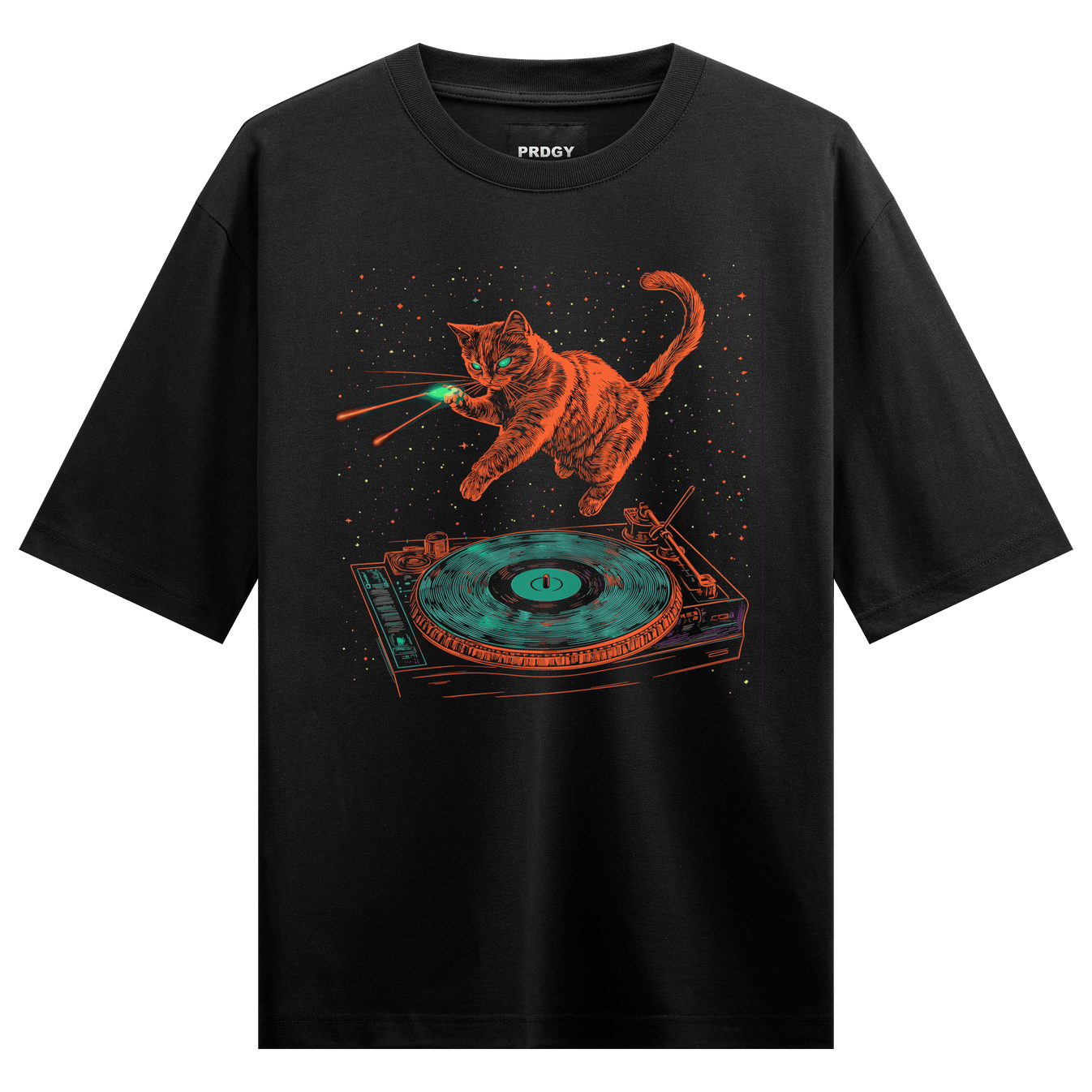 Cat DJ artwork on PRDGY oversized t-shirt