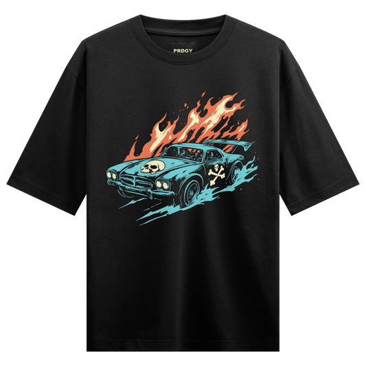 Prdgy Fiery Drive Front Print Oversized T-Shirt - PRDGY