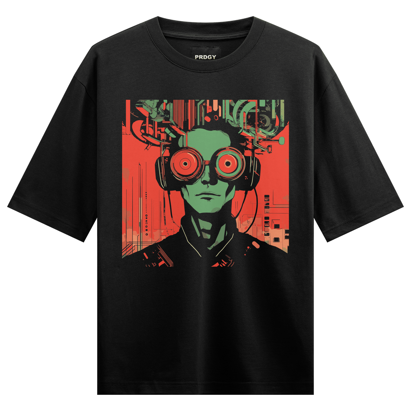 Cyborg artwork on PRDGY oversized t-shirt