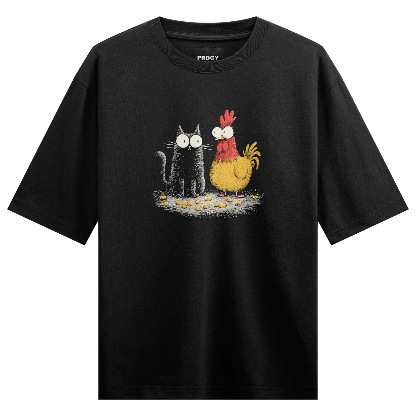 Cat And Rooster artwork on PRDGY oversized t-shirt