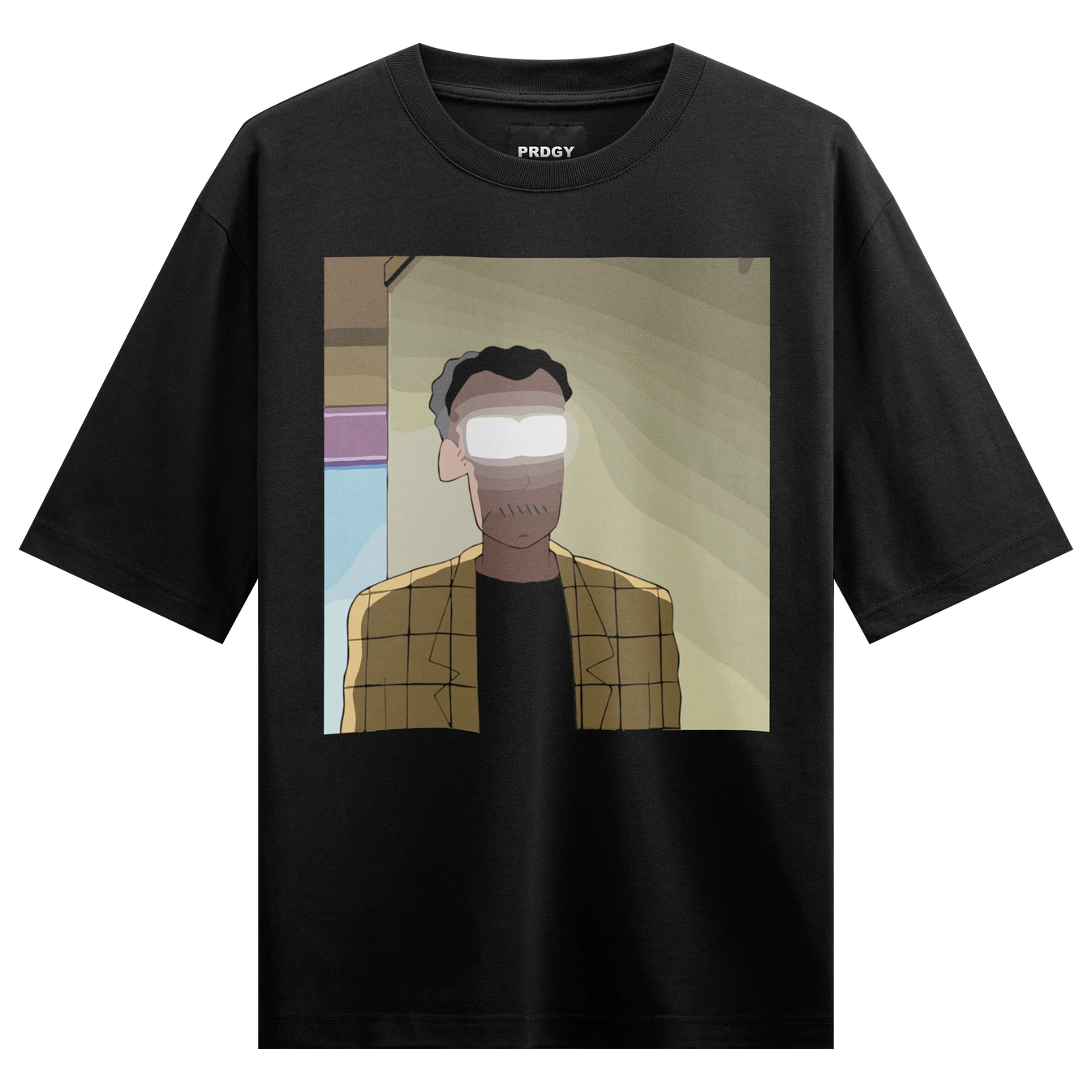 Man With Glowing Eyes artwork on PRDGY oversized t-shirt