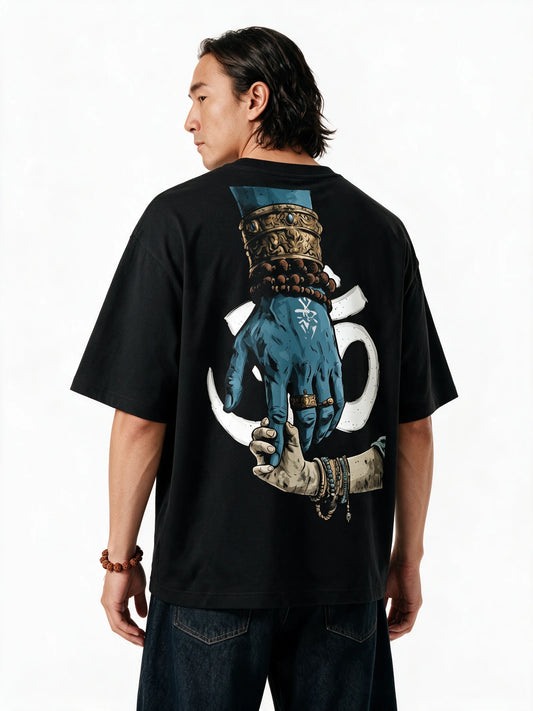 PRDGY Hold the Divine Oversized T-shirt — back-print T-shirt on model