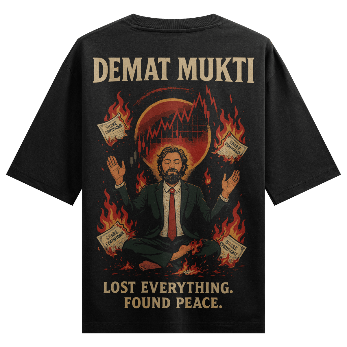 DEMAT MUKTI SHARE CERTIFICATE LOST EVERYTHING FOUND PEACE artwork on PRDGY oversized t-shirt