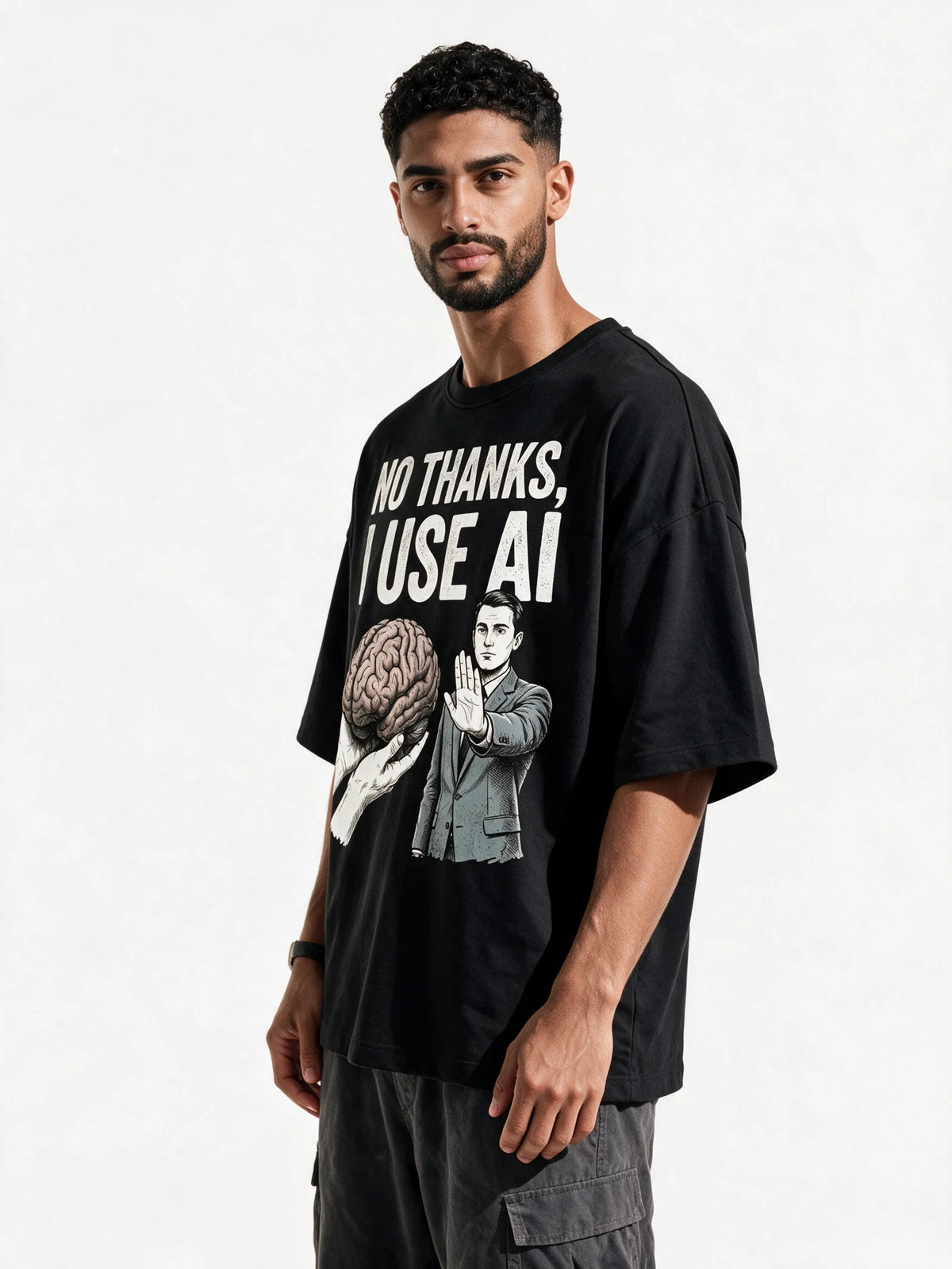PRDGY Koond Buddhi Oversized T-shirt — front-print T-shirt at three-quarter angle