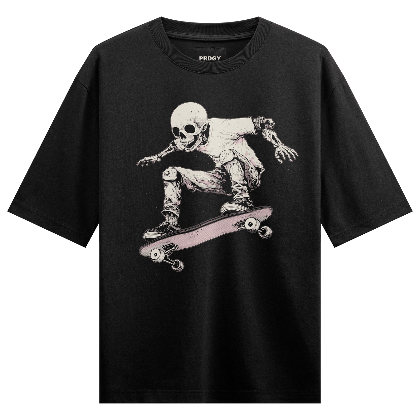 Skeleton Skater artwork on PRDGY oversized t-shirt