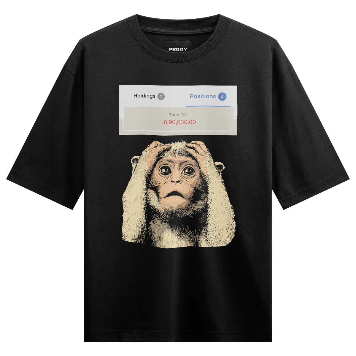 Holdings 7 Positions 4 Total P&L 6 90 030 00 artwork on PRDGY oversized t-shirt