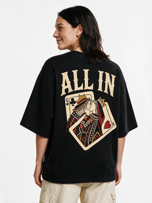 PRDGY Matching Odds  Oversized T-shirt — back-print T-shirt on model