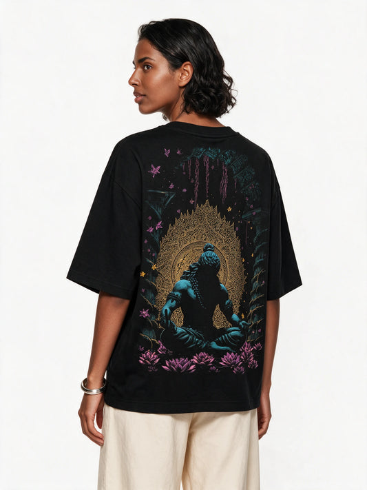 PRDGY Meditative Oversized T-shirt — back-print T-shirt on model