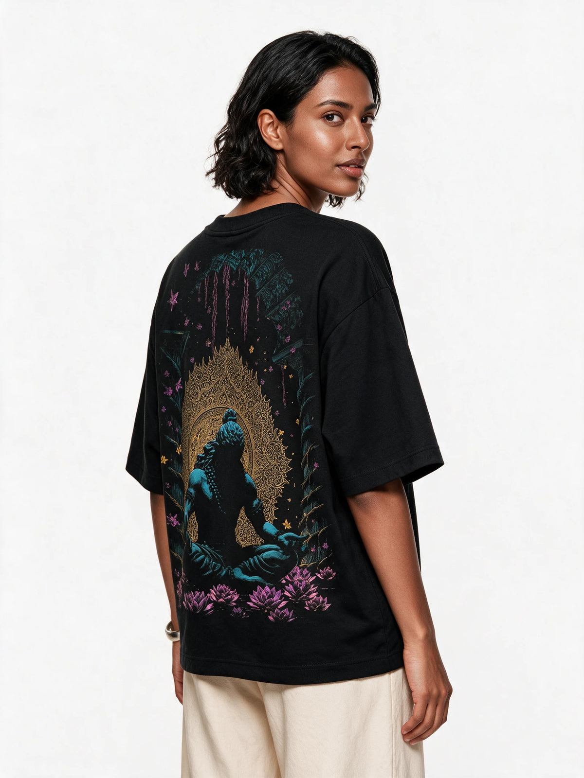 PRDGY Meditative Oversized T-shirt — back-print T-shirt at three-quarter angle