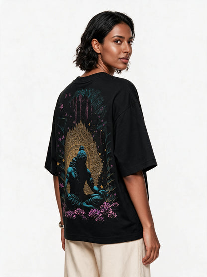PRDGY Meditative Oversized T-shirt — back-print T-shirt at three-quarter angle