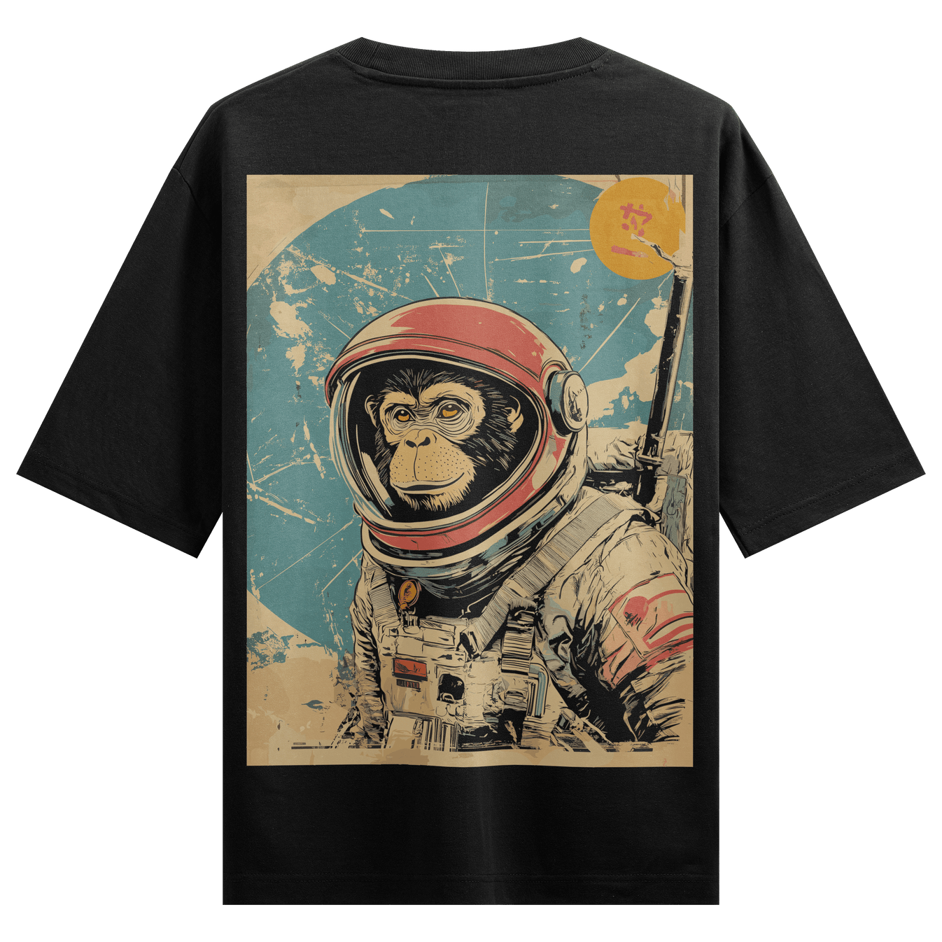 Chimpanzee Astronaut artwork on PRDGY oversized t-shirt