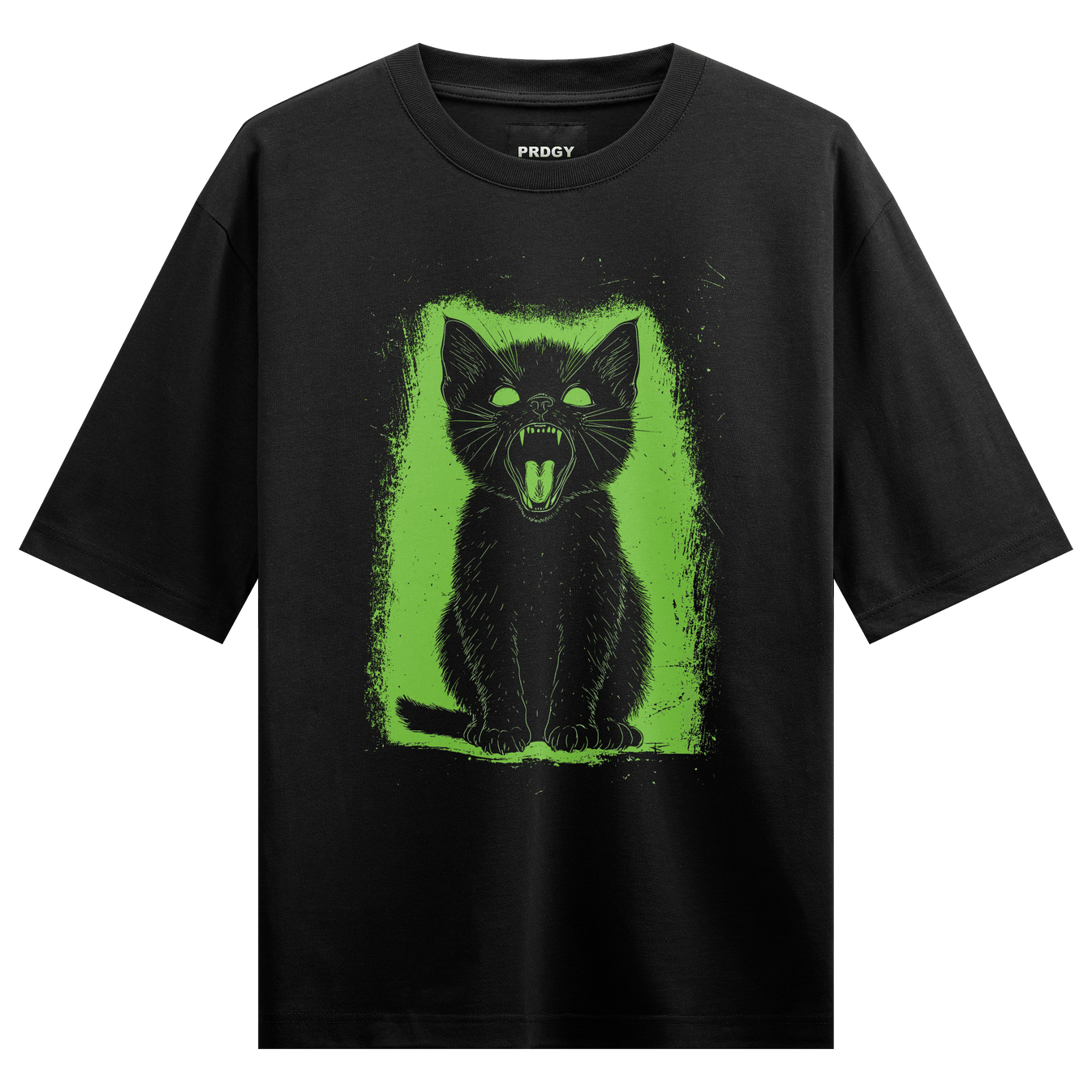 Black Cat artwork on PRDGY oversized t-shirt