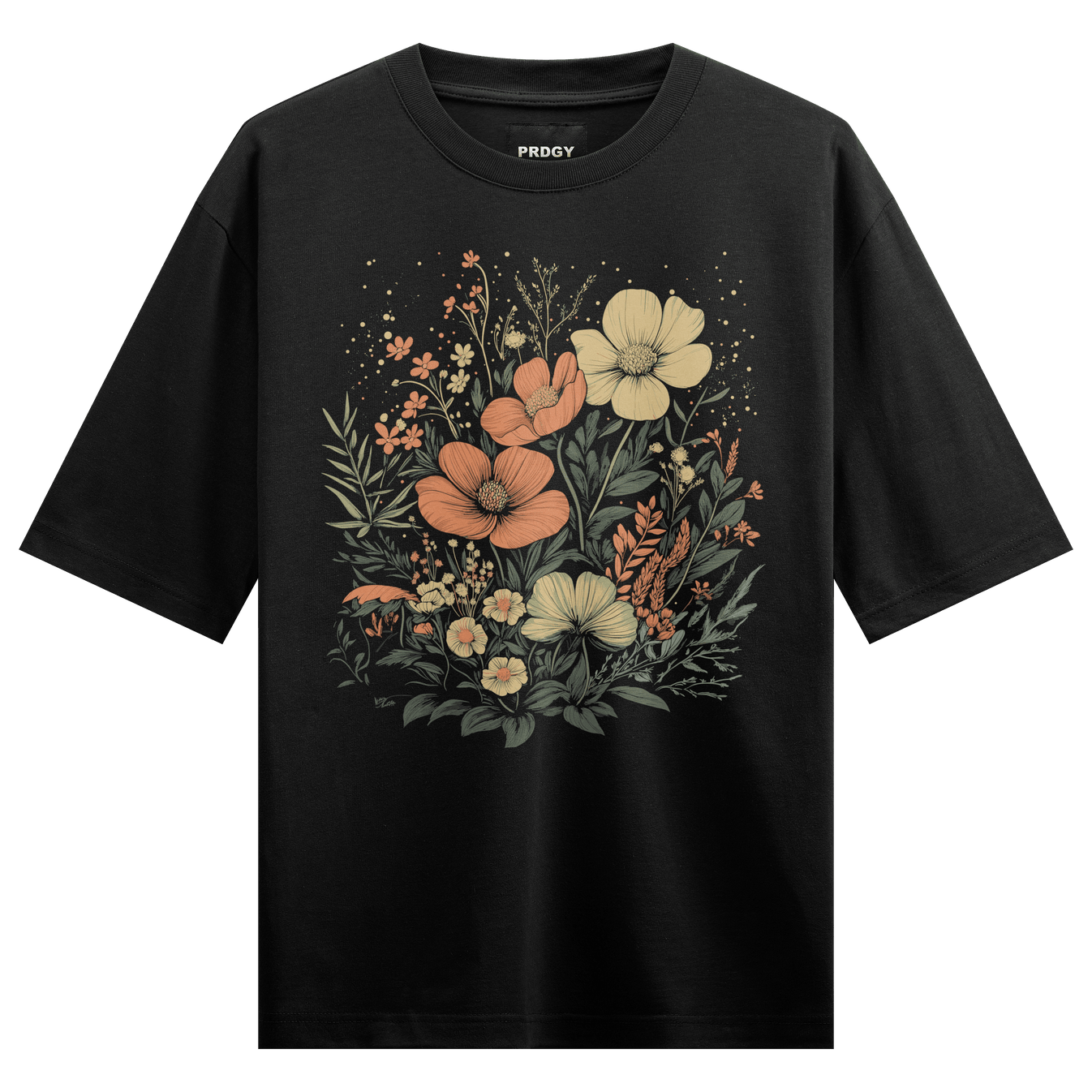 Floral Illustration artwork on PRDGY oversized t-shirt