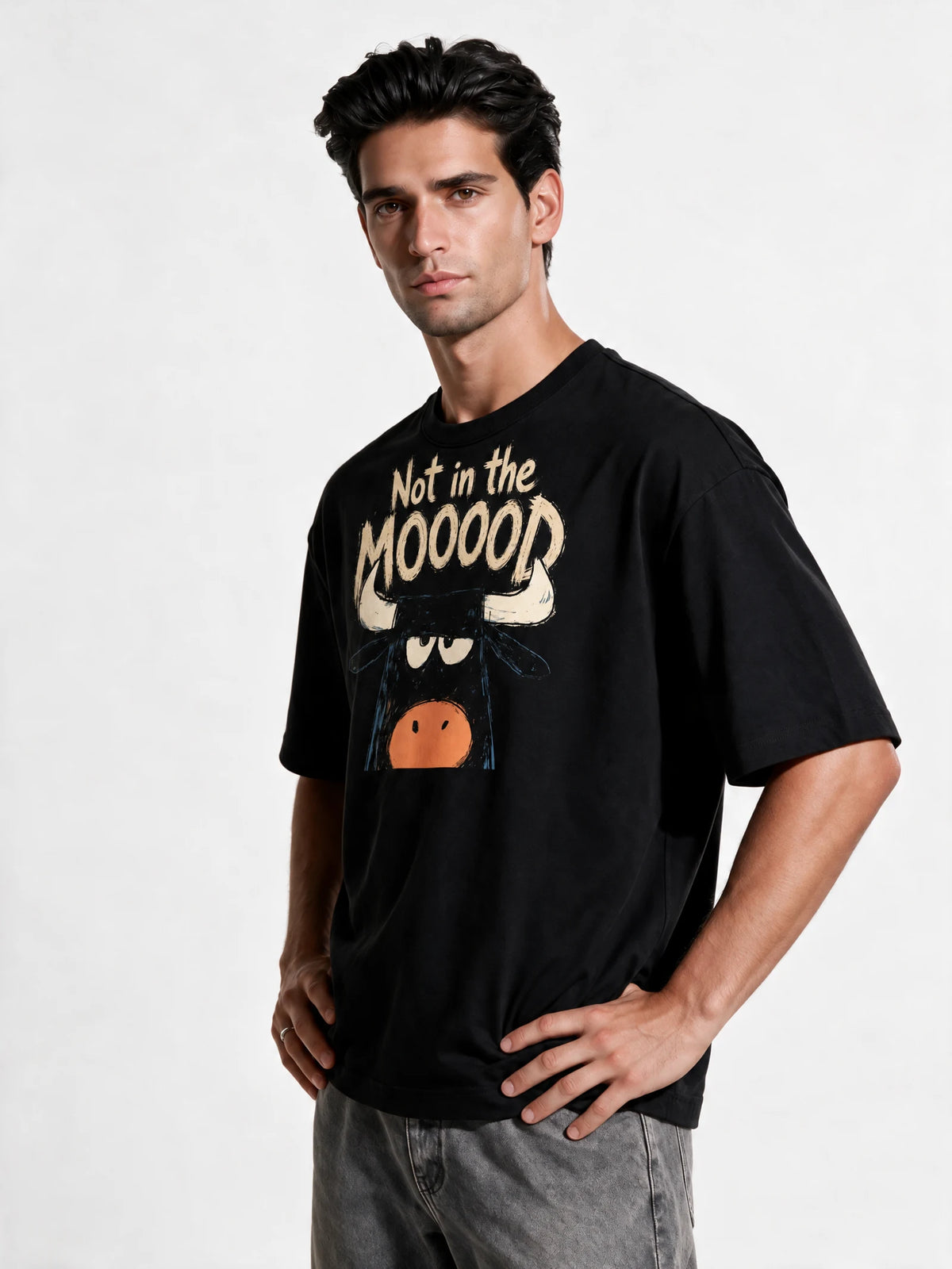 PRDGY Not in mood Oversized T-shirt — front-print T-shirt at three-quarter angle