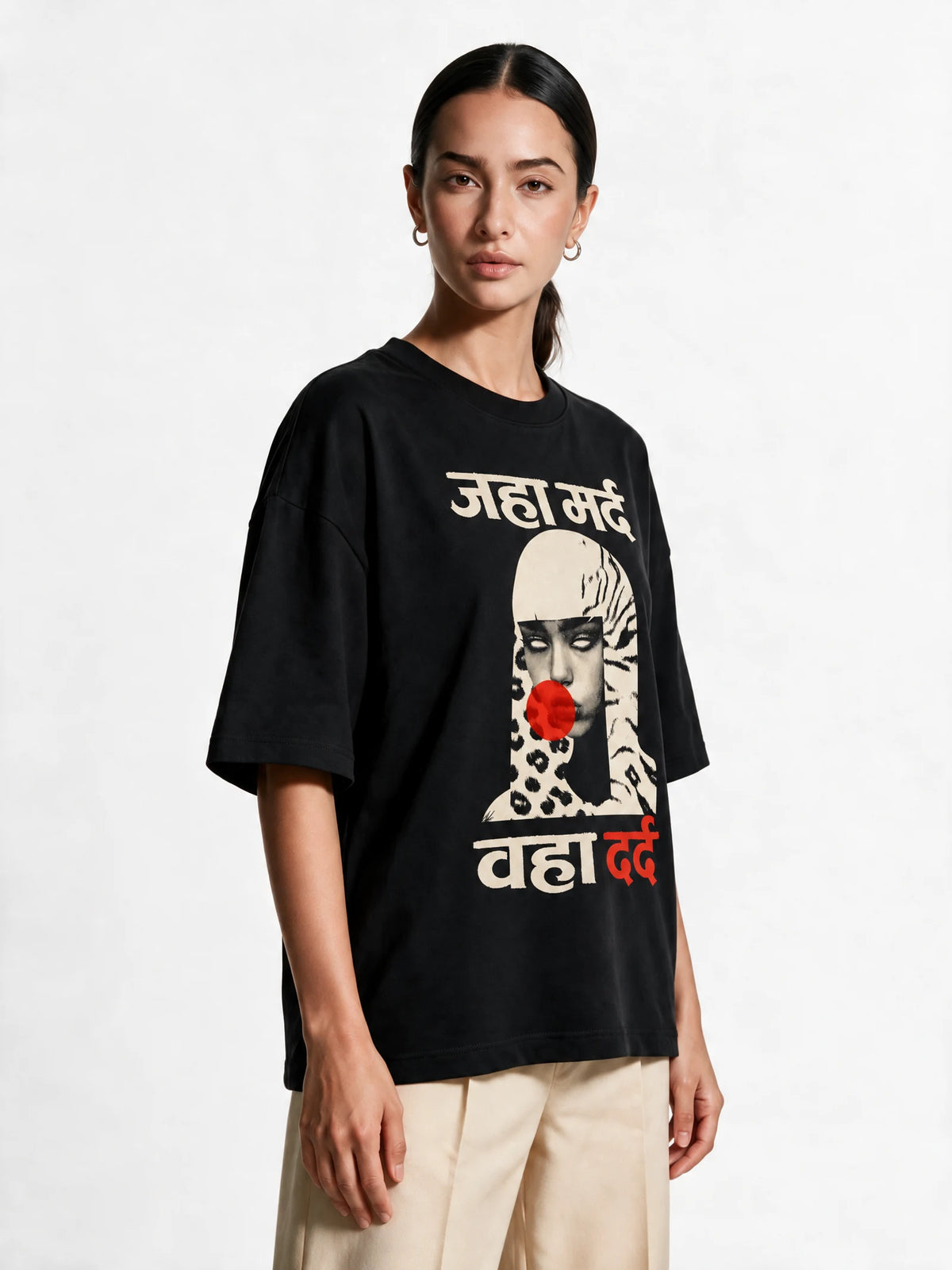 Not Surprised Oversized t-shirt — front-print T-shirt at three-quarter angle