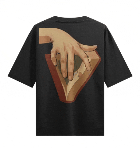 Hand And Book artwork on PRDGY oversized t-shirt