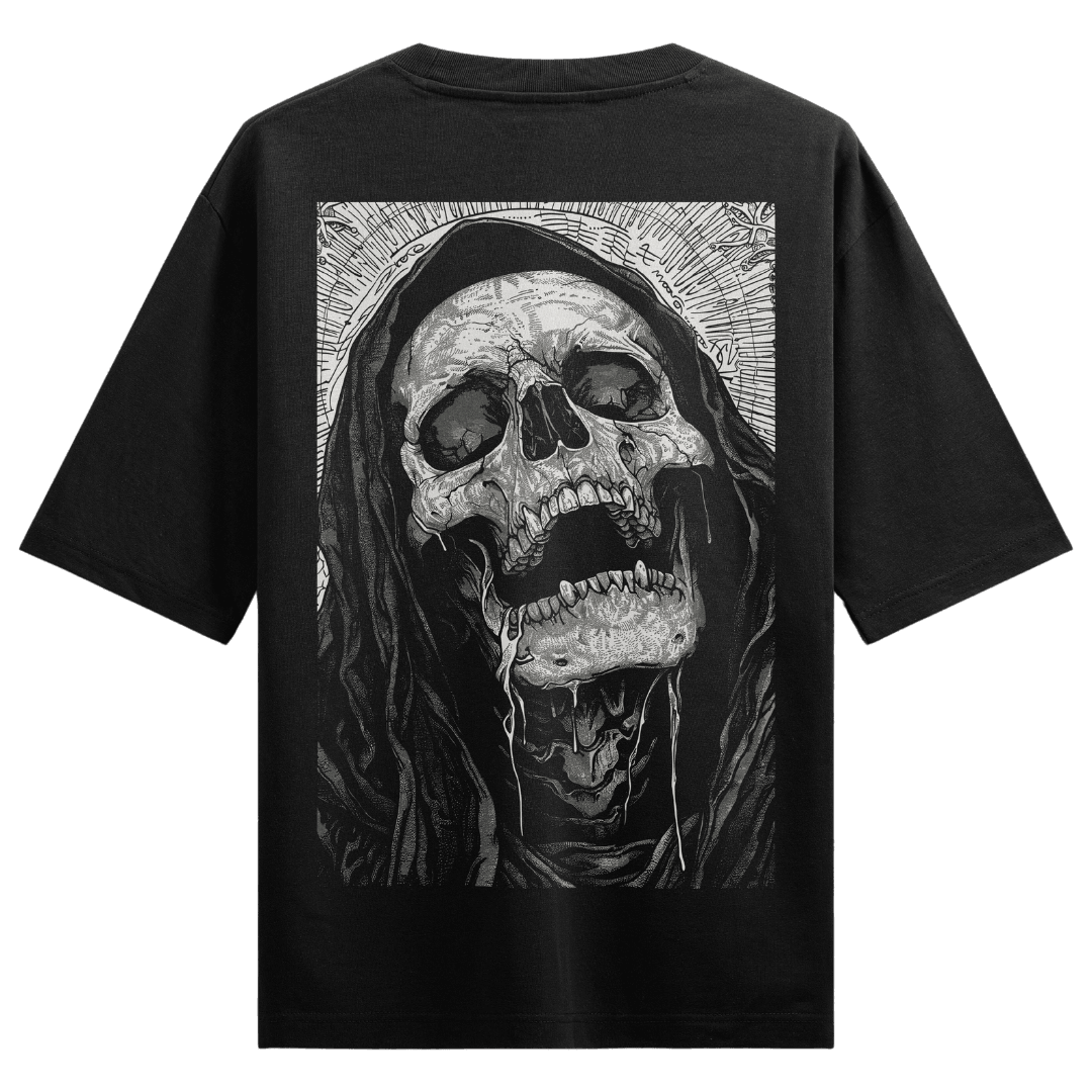 Gothic Reaper artwork on PRDGY oversized t-shirt