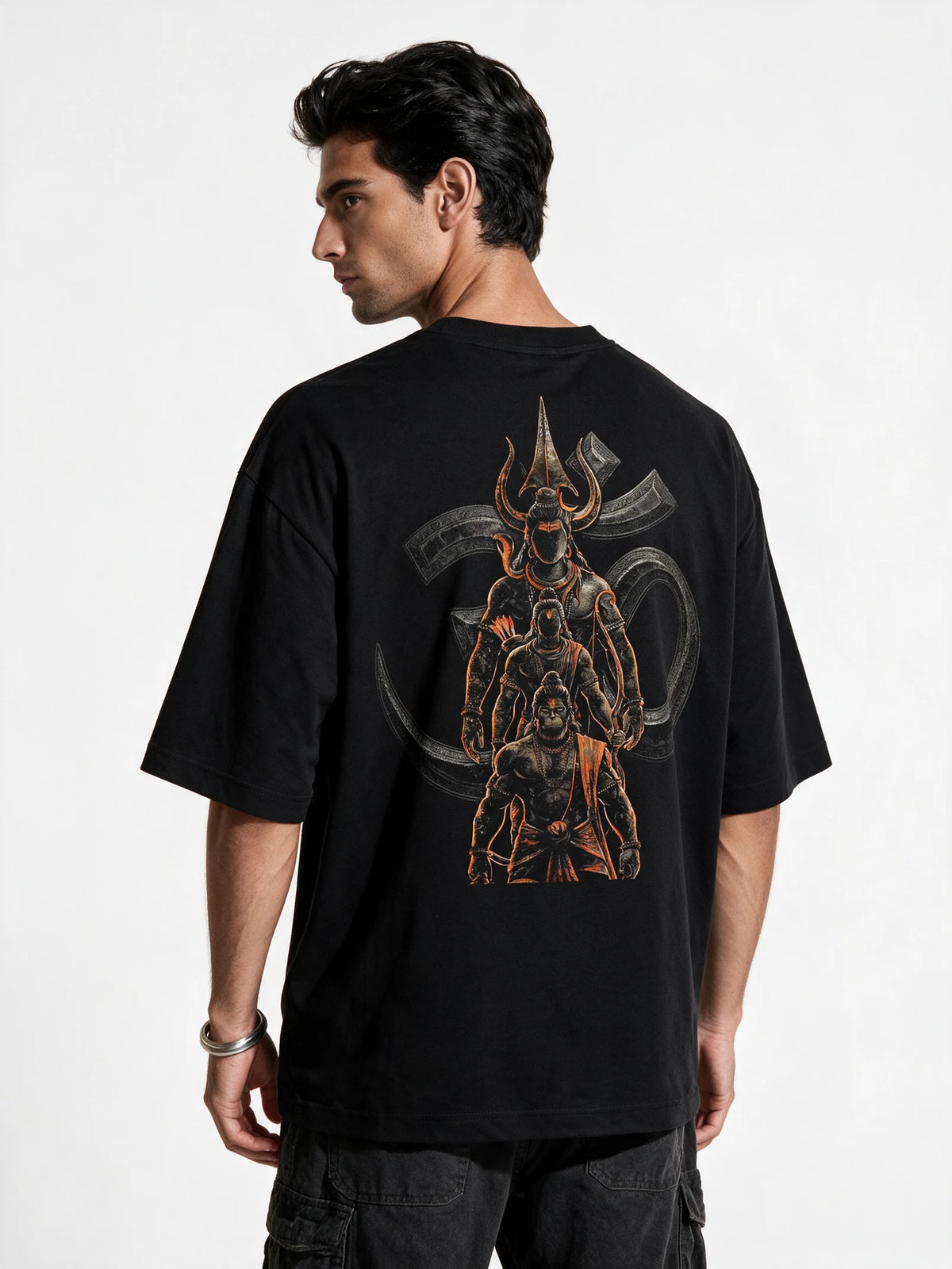 PRDGY Om Guardians Oversized T-Shirt — back-print T-shirt on model