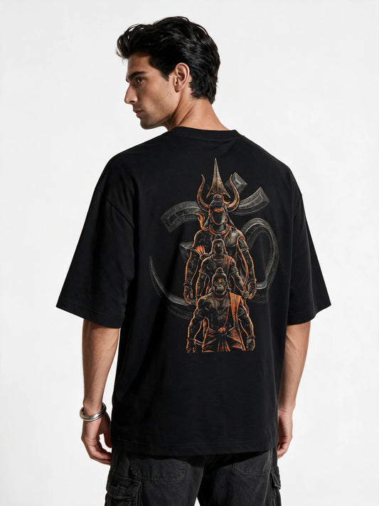 PRDGY Om Guardians Oversized T-Shirt — back-print T-shirt on model