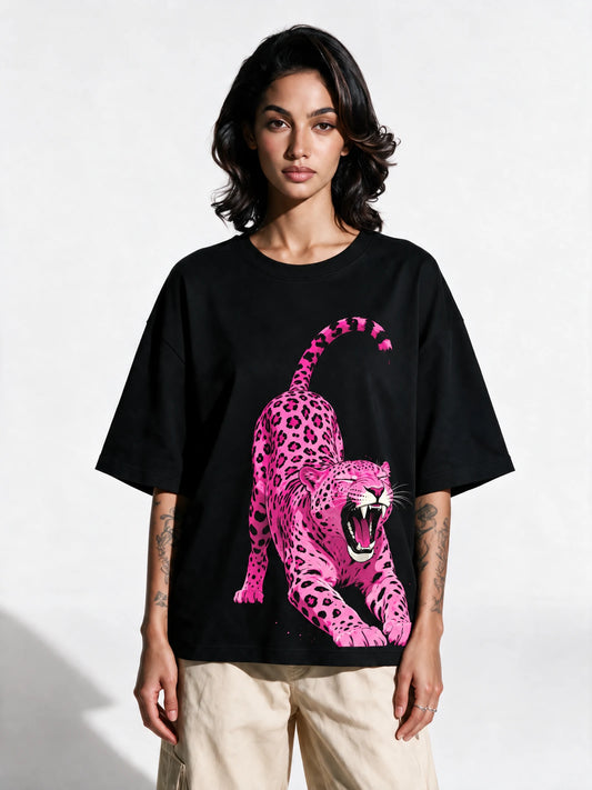 Pink Predator Oversized T-shirt — front-print T-shirt on model