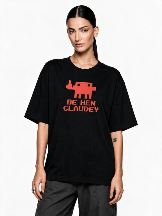 PRDGY Pixel Invader Oversized T-shirt — front-print T-shirt on model
