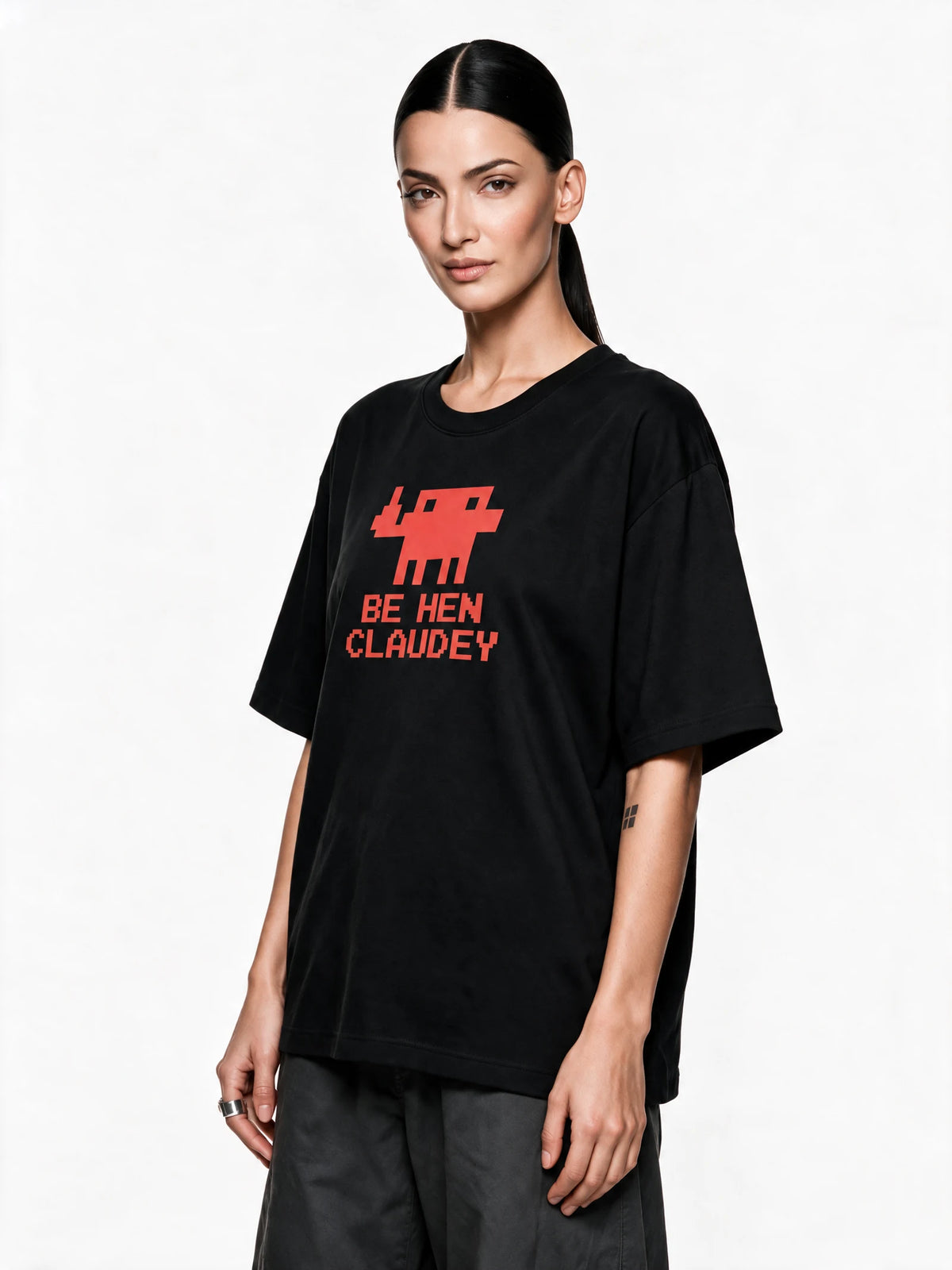 PRDGY Pixel Invader Oversized T-shirt — front-print T-shirt at three-quarter angle