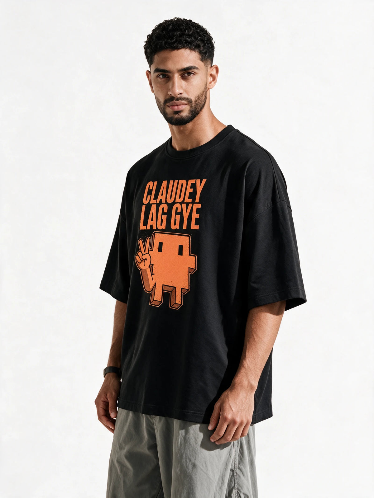 Pixel Peace Oversized T-shirt — front-print T-shirt at three-quarter angle