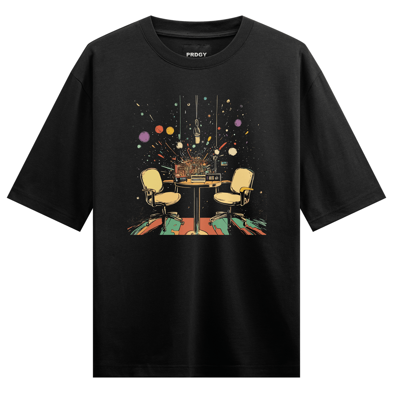 Podcast Studio artwork on PRDGY oversized t-shirt