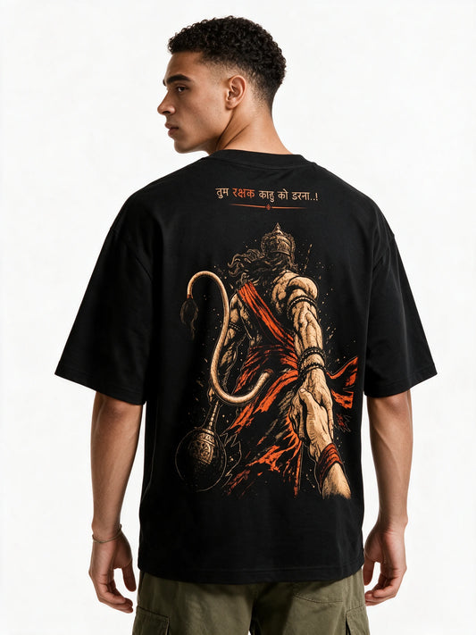 PRDGY Rakshak's Hand Oversized T-shirt — back-print T-shirt on model