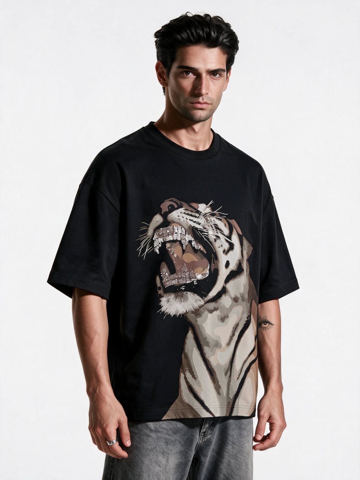 Roaring Beast Oversized T-shirt — front-print T-shirt at three-quarter angle