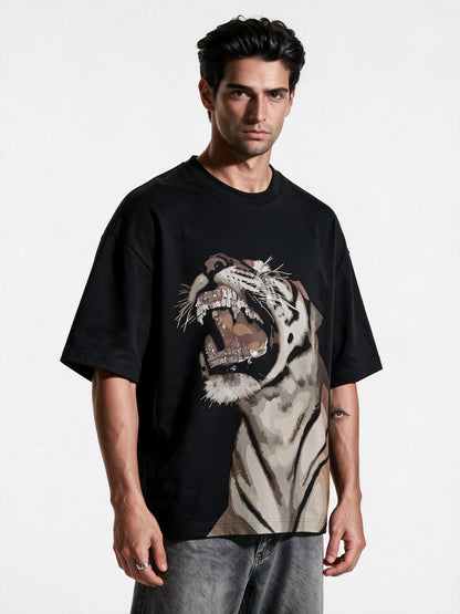 Roaring Beast Oversized T-shirt — front-print T-shirt at three-quarter angle