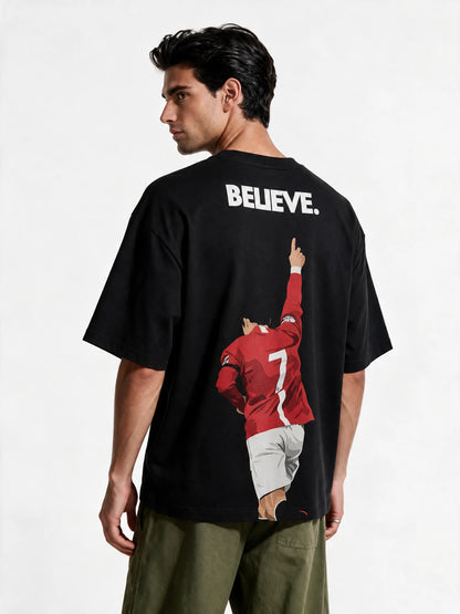 PRDGY Ronaldo Believed Oversized T-Shirt — back-print T-shirt on model