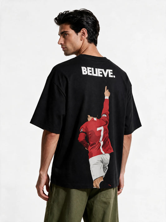 PRDGY Ronaldo Believed Oversized T-Shirt — back-print T-shirt on model