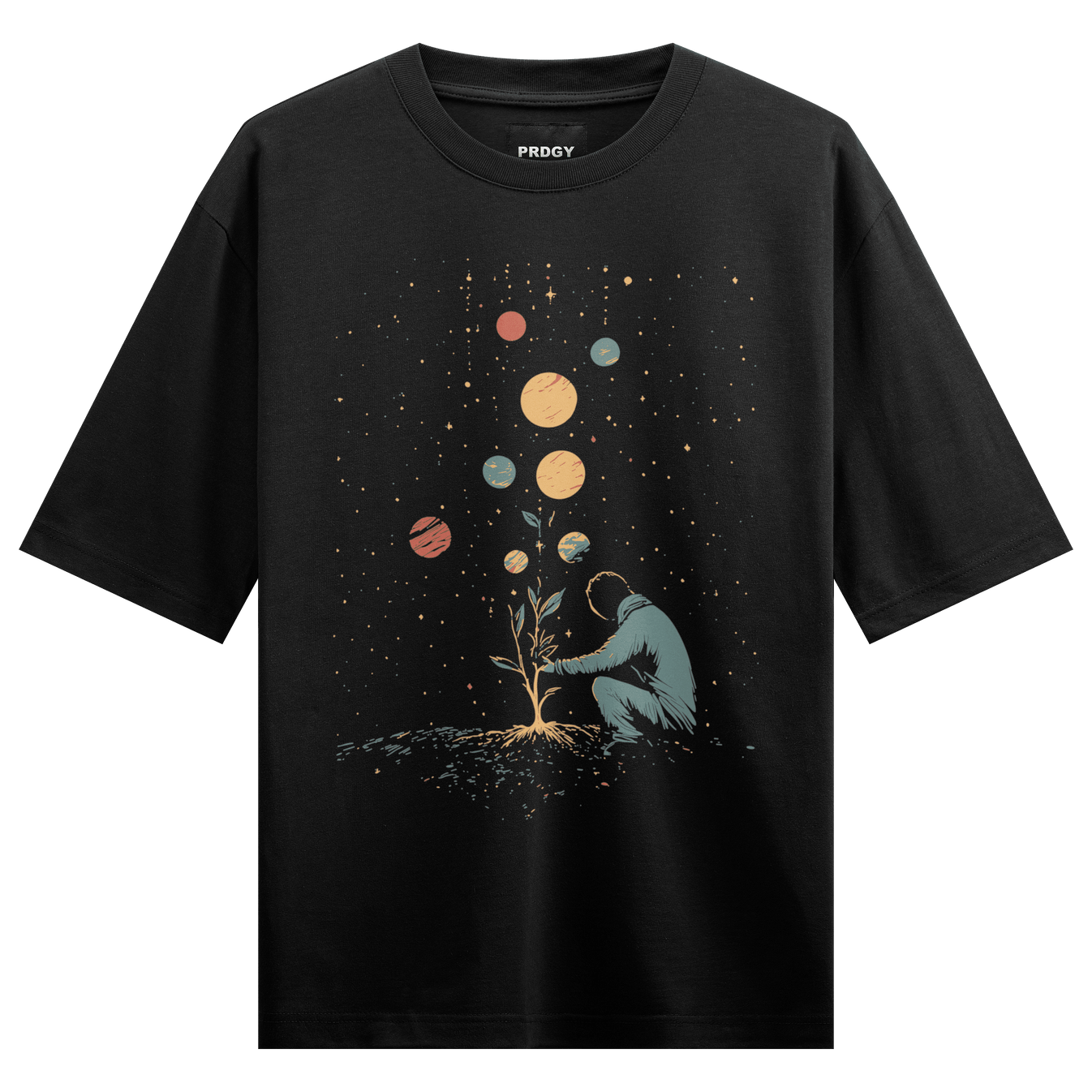 Astronaut Planting A Tree artwork on PRDGY oversized t-shirt