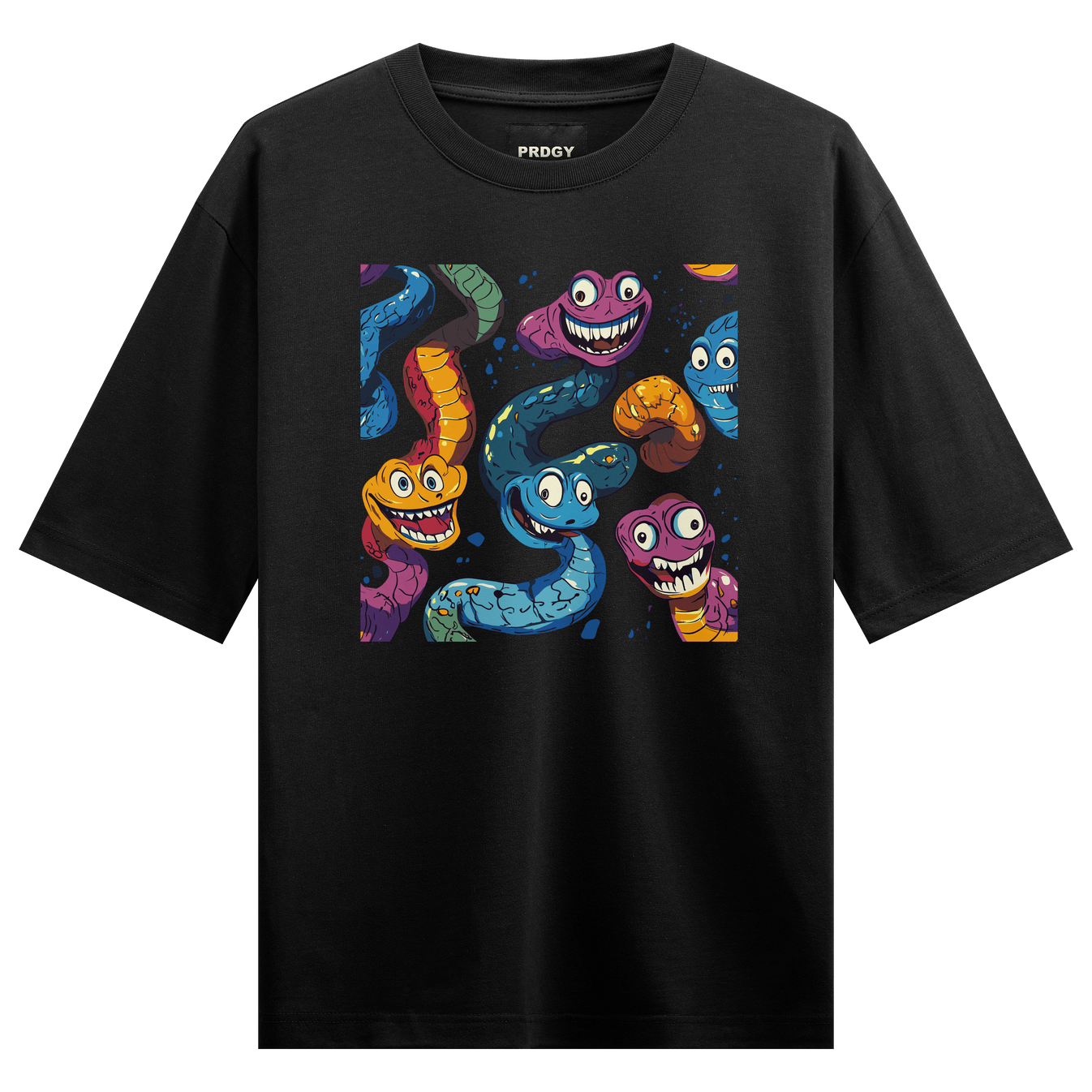 Cartoon Snakes artwork on PRDGY oversized t-shirt