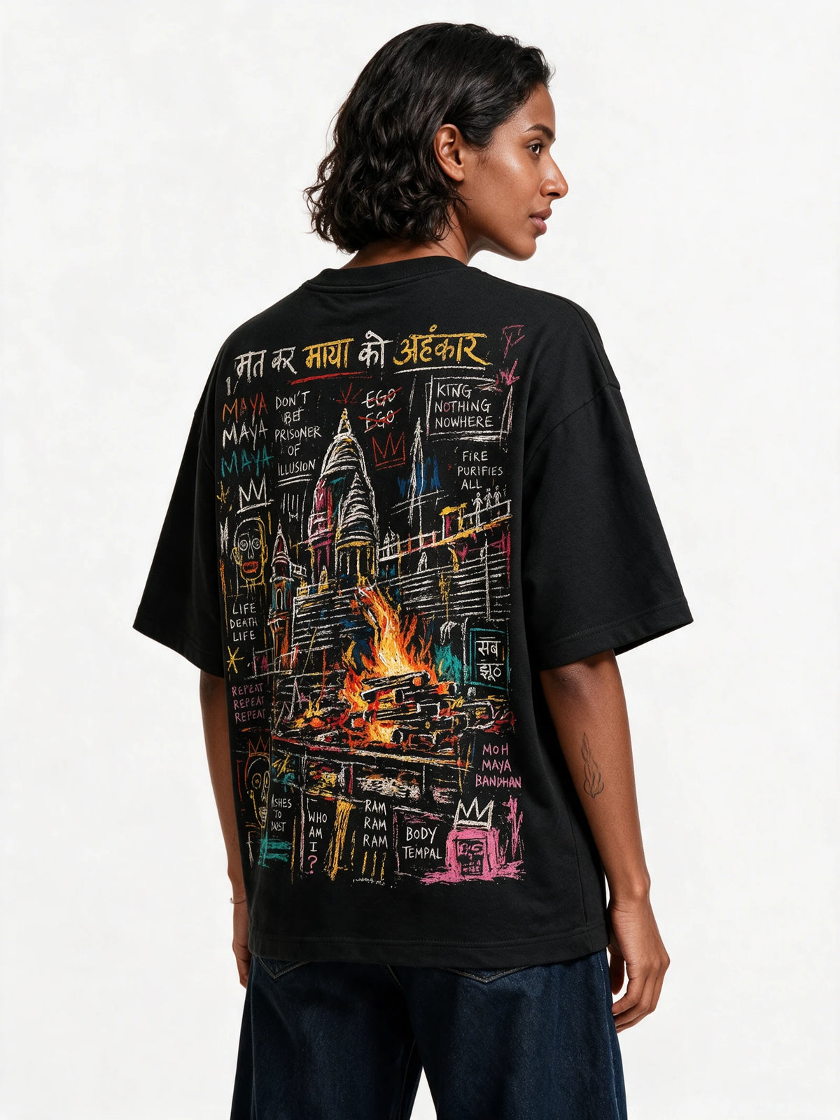 Sacred Fire Oversized T-shirt — back-print T-shirt at three-quarter angle