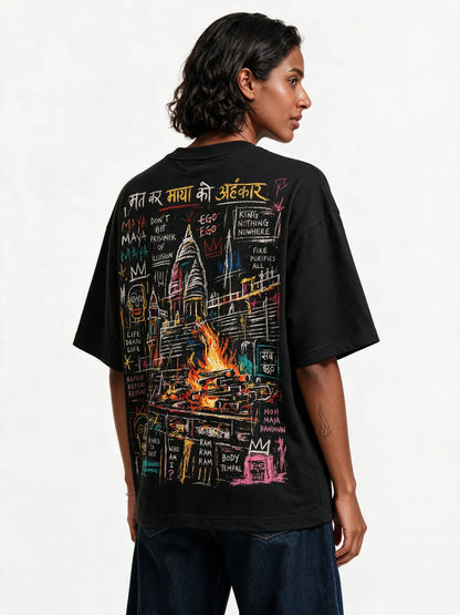 Sacred Fire Oversized T-shirt — back-print T-shirt at three-quarter angle