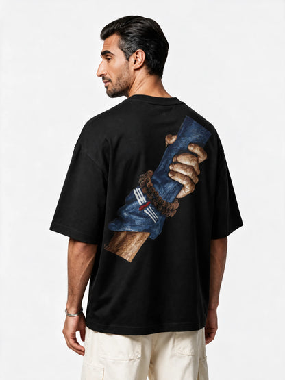 PRDGY Sahayak Oversized T-Shirt — back-print T-shirt on model