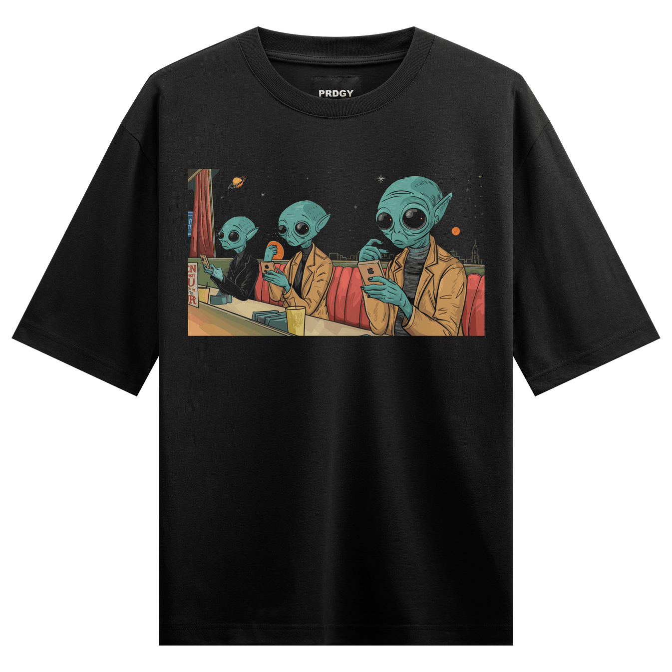 Alien artwork on PRDGY oversized t-shirt