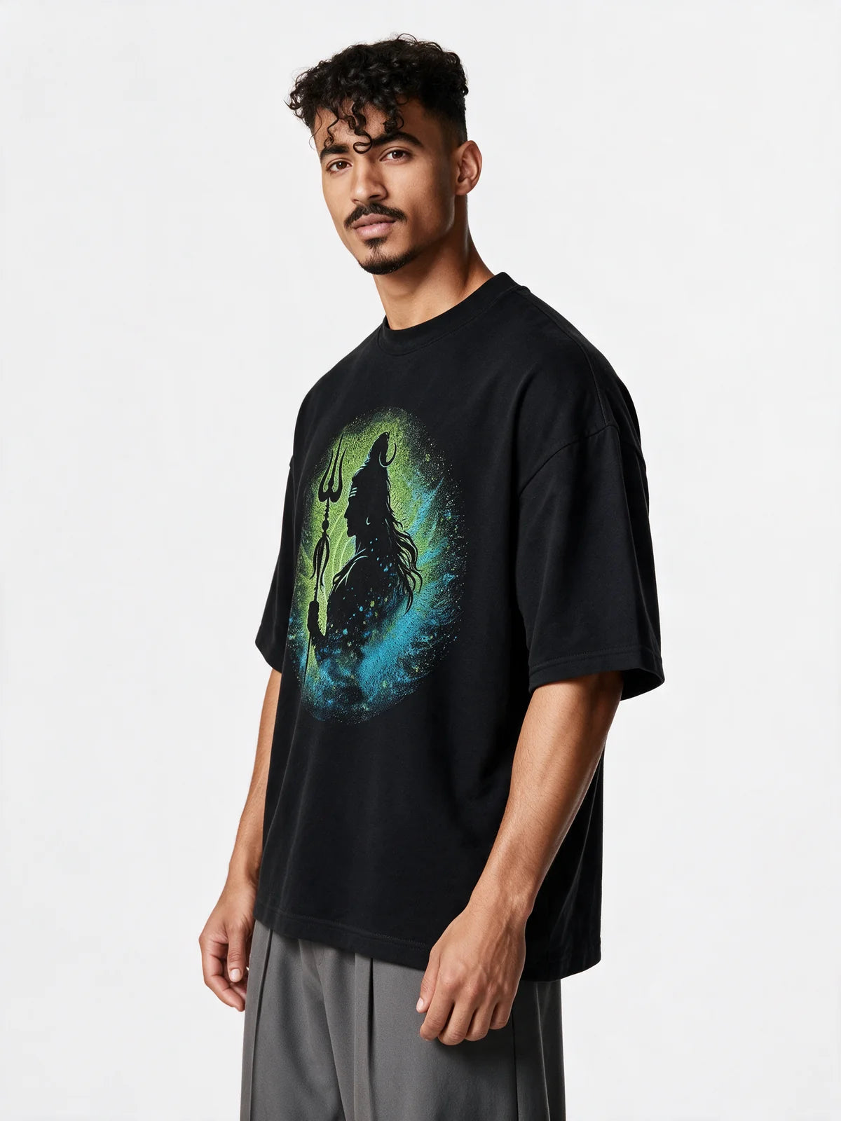 PRDGY Cosmic Shiva Oversized T-shirt — three-quarter model view
