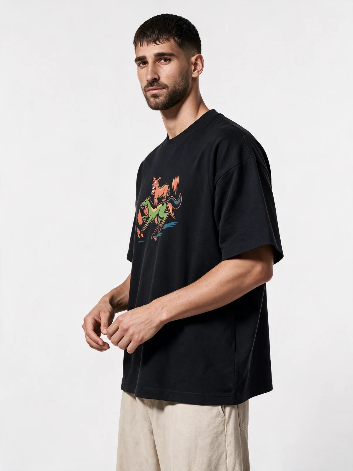 PRDGY Majnu Art Oversized T-Shirt — three-quarter model view