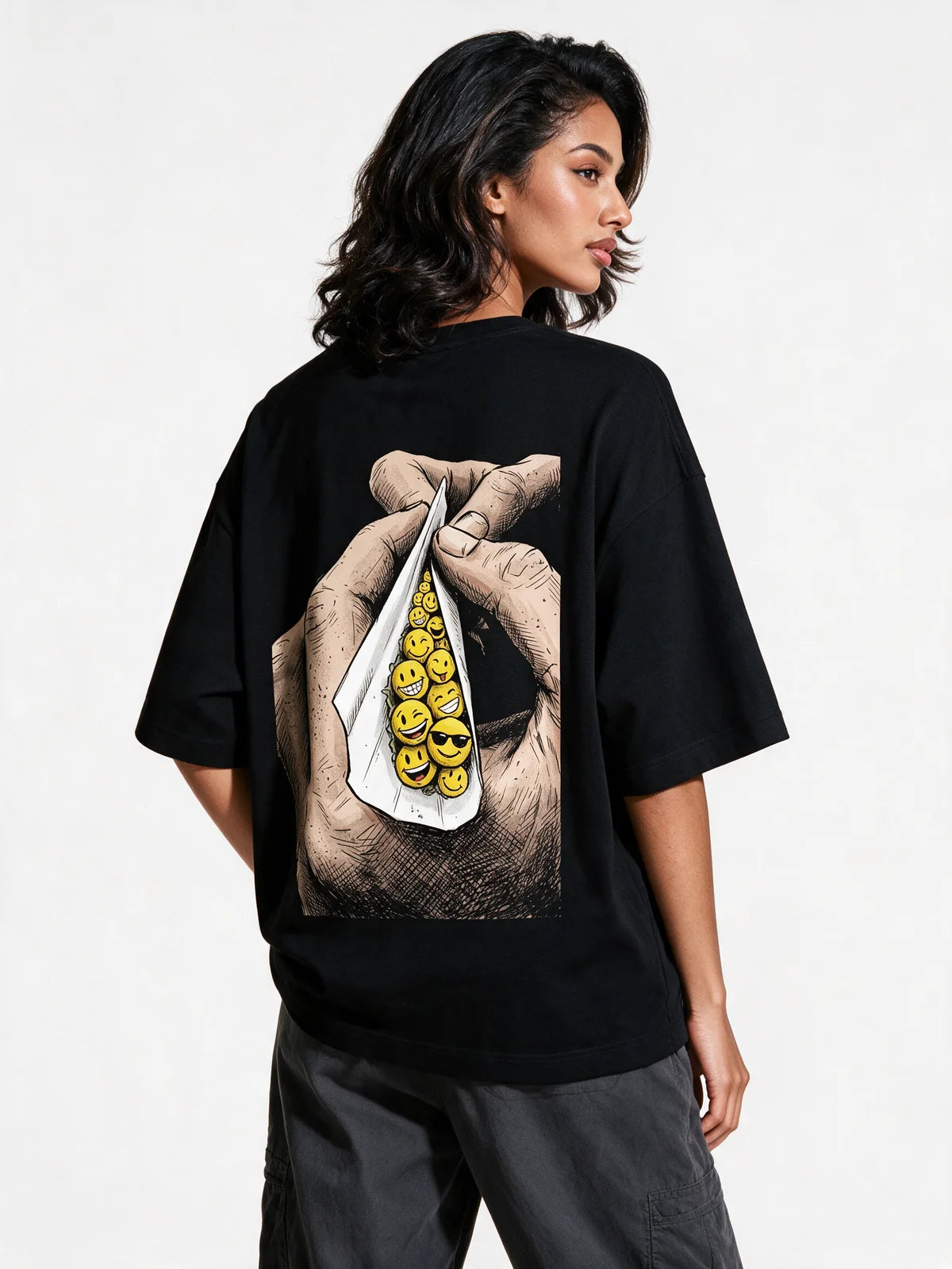PRDGY Smiley Roll Oversized T-shirt — back model view