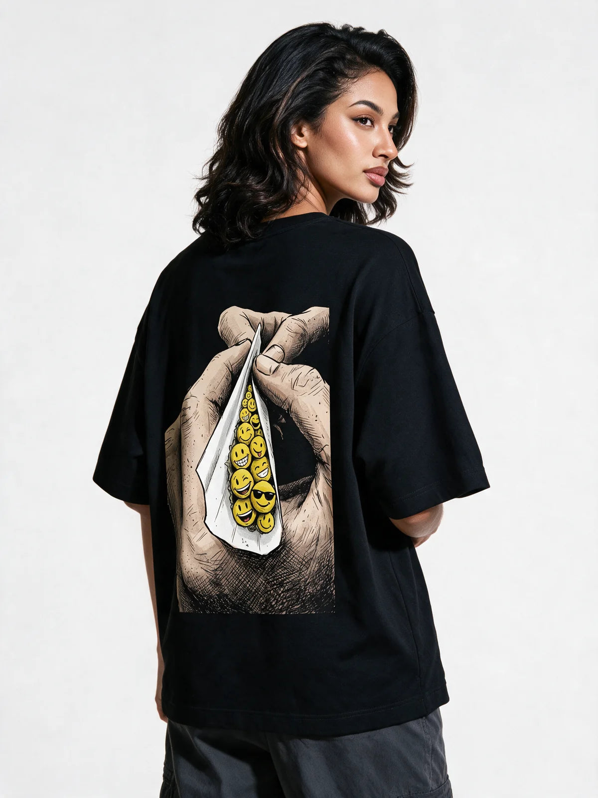 PRDGY Smiley Roll Oversized T-shirt — three-quarter model view