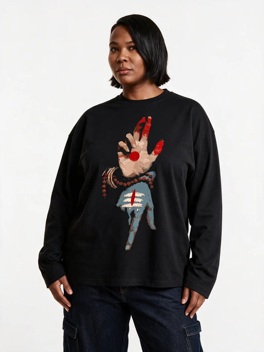 Nataraj Mudra Oversized Full Sleeve T-Shirt — front model view