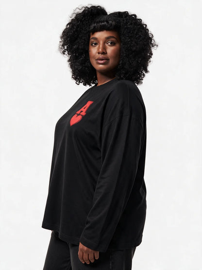 Ace Heart Oversized Full Sleeve T-Shirt — three-quarter model view