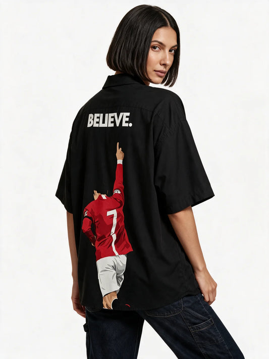 PRDGY Ronaldo Believed Oversized Collar Shirt — back model view