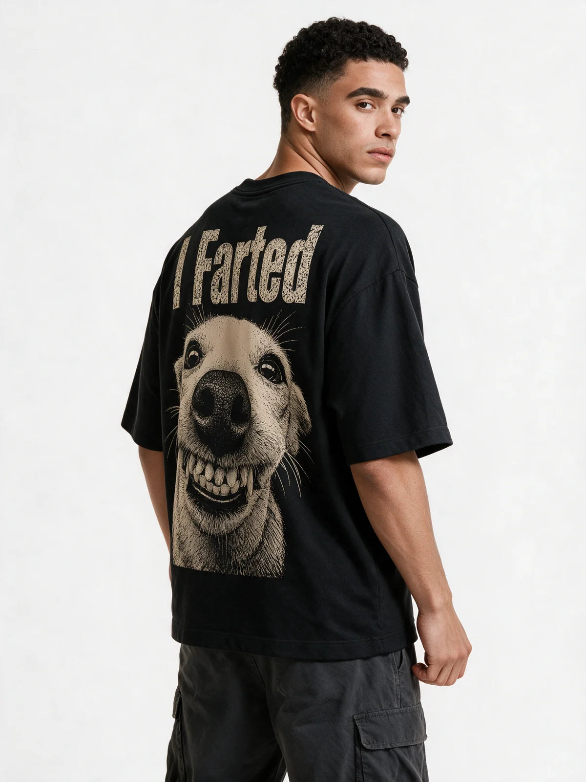PRDGY Fart Back Oversized T-shirt — three-quarter model view