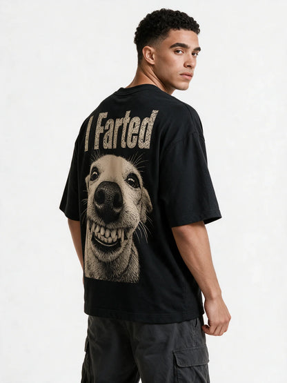 PRDGY Fart Back Oversized T-shirt — three-quarter model view