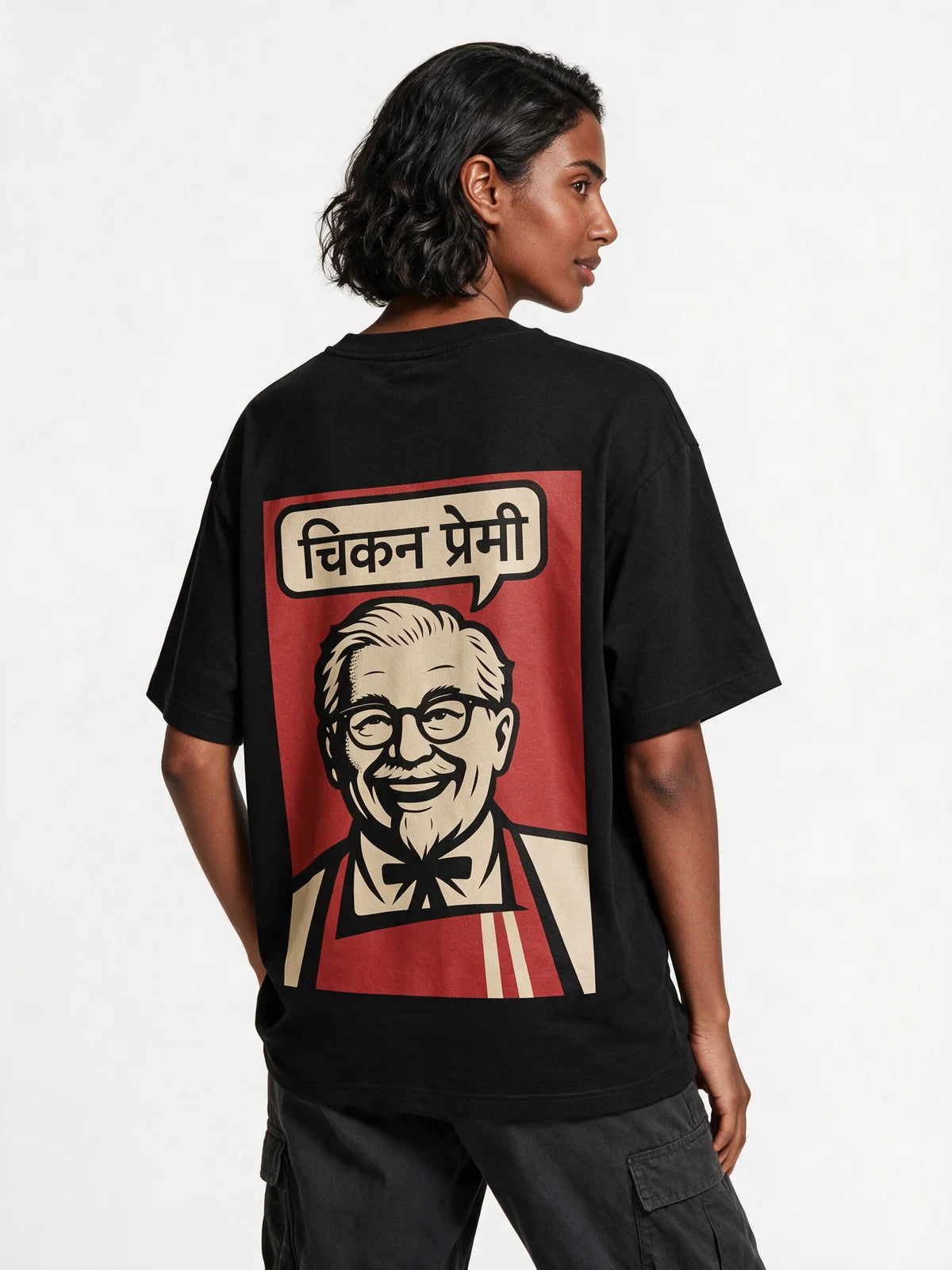 Prdgy Fried Chicken Back Oversized T-Shirt — back model view